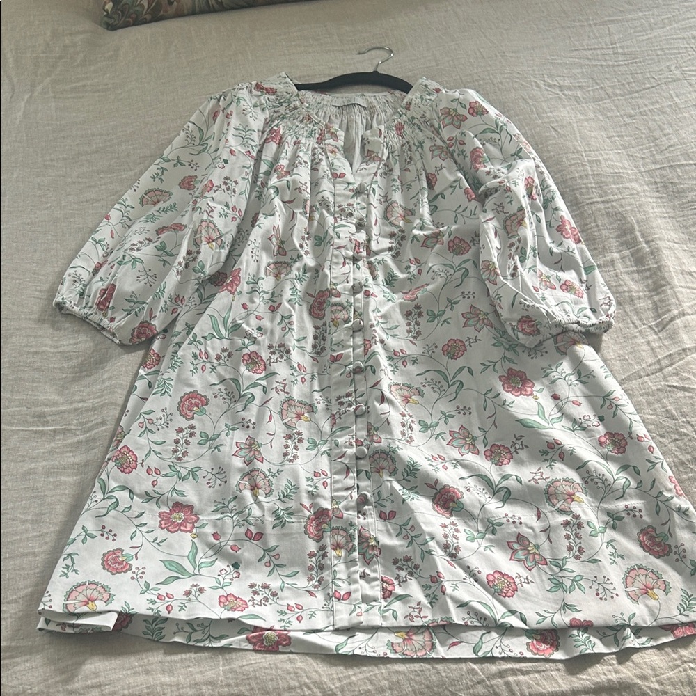 Floral Button-Front Women’s Dress in White with Pink and Green Print